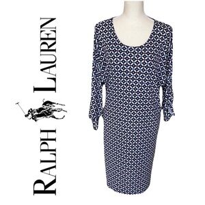 Lauren Ralph Lauren Preppy Blue White Geo Paisley Print Shift Dress Knot Sleeves
